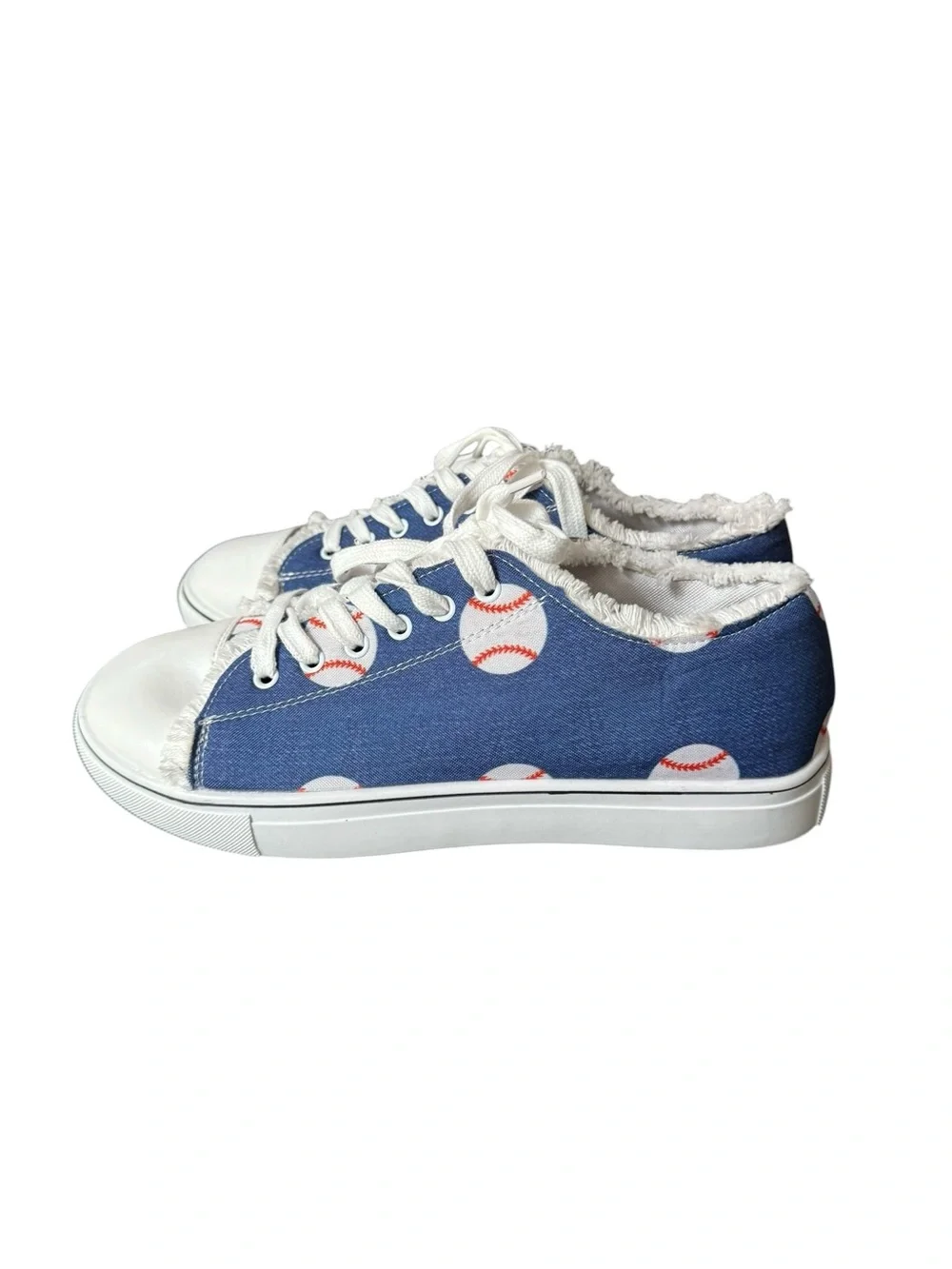 Women’s Canvas Denim Baseball Print Lace Up Sneakers Size 9.5 Blue White NWOT